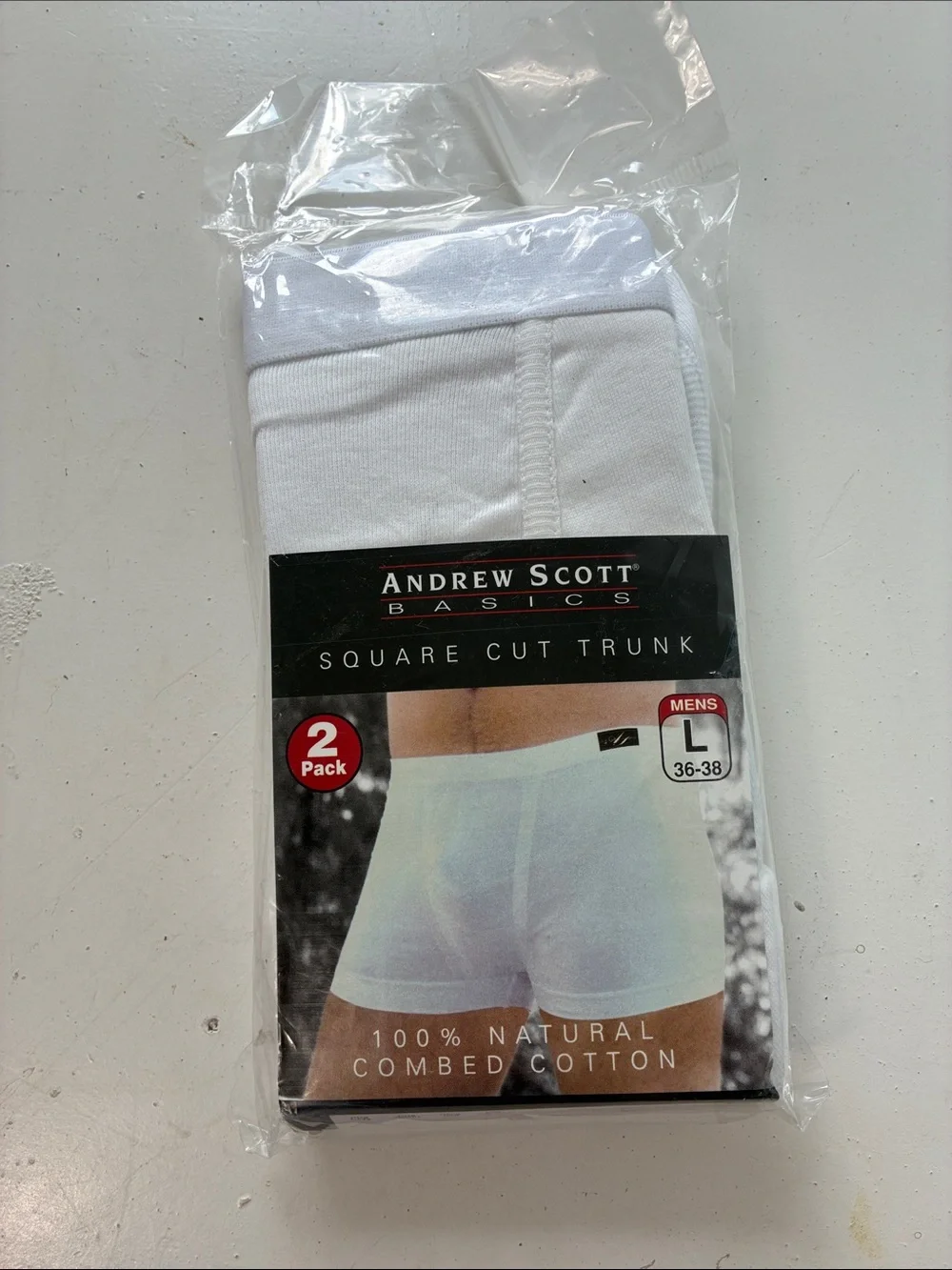 Andrew Scott Basics Large Square Cut Trunk White Underwear 2 Pack Cotton